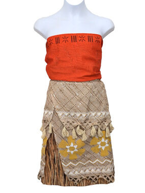 Disney Girls 2 Piece Moana Costume Orange Beige 7/8 Tassel Layered Skirt
